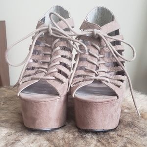 Brown/tan strappy lace-up platform wedges